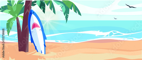 Horizontal shot. Surfboard and palm tree on beach with beach sign for surfing area. Travel adventure and water sport. relaxation and summer vacation concept. vintage color tone illustration