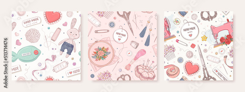 Set of seamless pattern with hand drawn handmade and sewing elements. Textile, wallpaper or wrapping paper design template. Vector illustration