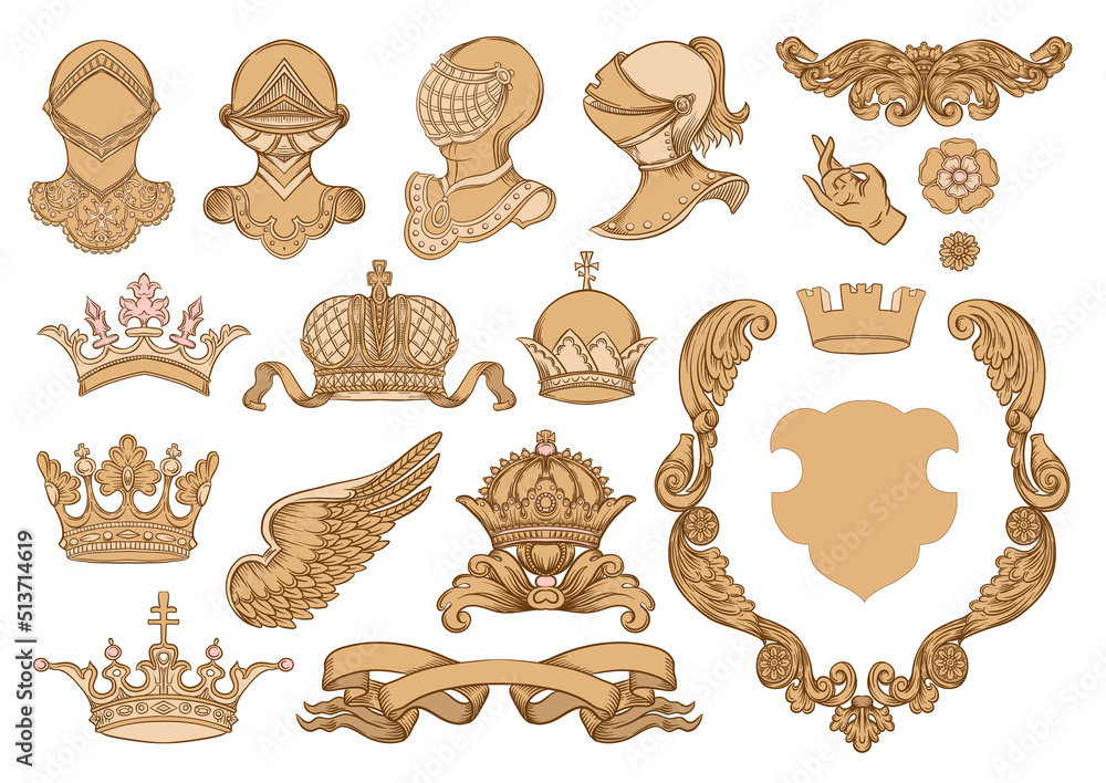 Set of crowns, knight, helmet, shield, coat of arms, ribbon, heraldry
