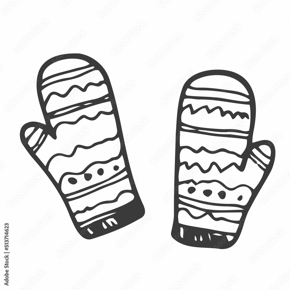 Cute knitted mittens. Vector illustration in the doodle style. Winter clothing. Warm winter mittens Cute knitted mittens. Vector illustration in the doodle style. Winter clothing. Warm winter mittens
