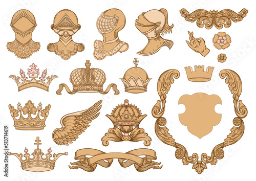 Set of crowns, knight, helmet, shield, coat of arms, ribbon, heraldry for traditional design of coats of arms and shields. Clip art, set off elements for design Vector illustration.