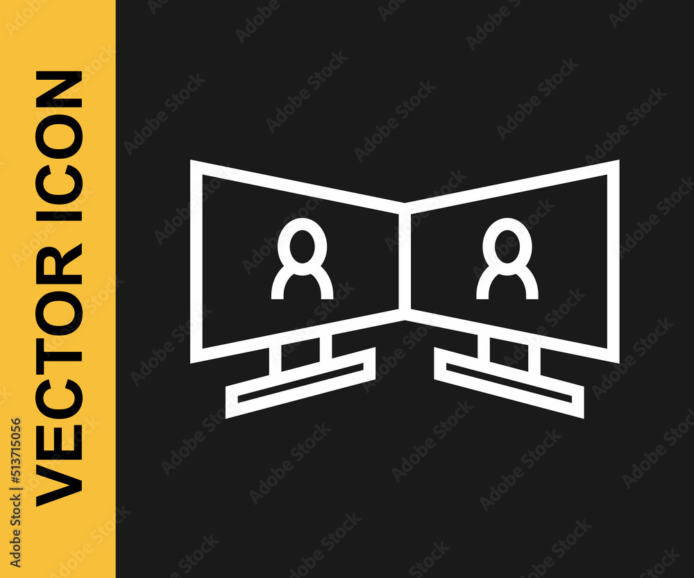 White line Video chat conference icon isolated on black background. Online meeting work form home. Remote project management. Vector White line Video chat conference icon isolated on black background. Online meeting work form home. Remote project management. Vector