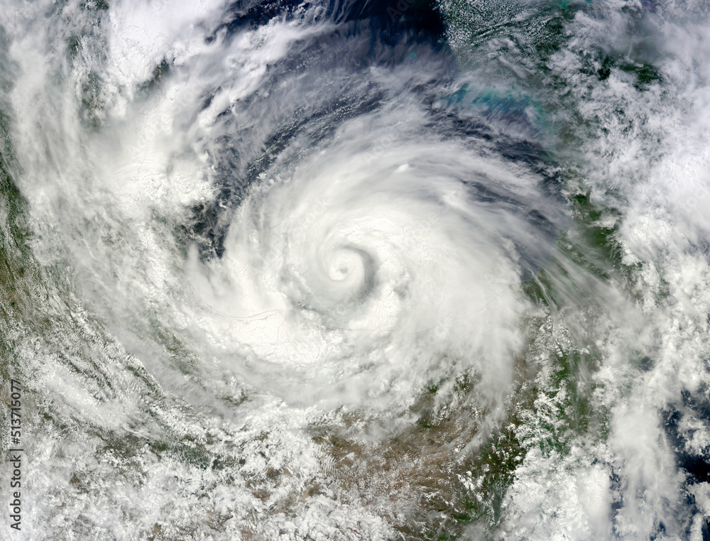 Top view of Hurricane Alex, Atlantic Hurricane, Sprawls across the Gulf of Mexico. Aerial view of circular white clouds in motion. Storm, Tornado, Typhoon. Elements of this image furnished by NASA - obrazy, fototapety, plakaty 