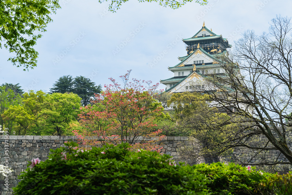 view from distance Osaka castle with beautiful nature against blue sky during spring season in japan view from distance Osaka castle with beautiful nature against blue sky during spring season in japan