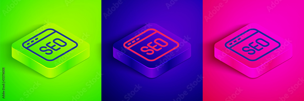 Isometric line SEO optimization icon isolated on green, blue and pink background. Square button. Vector Isometric line SEO optimization icon isolated on green, blue and pink background. Square button. Vector