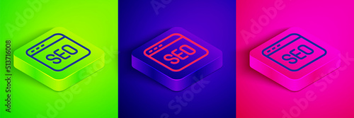 Isometric line SEO optimization icon isolated on green, blue and pink background. Square button. Vector