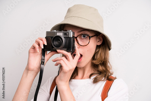 young girl wphotographer. tourism concept photo