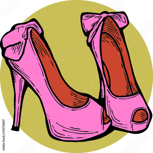 Sexy beautiful feminine woman shoes with elegant  high heels. Luxury clothing lifestyle. Disco club 80s romantic fashion. Hand drawn retro vintage vector illustration. Old style comic cartoon drawing.