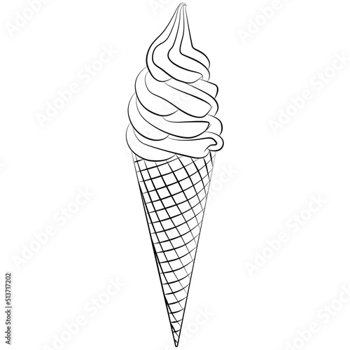 creamy twisted soft ice cream waffles, ice cream cones wafer sketch drawing, contour lines drawn