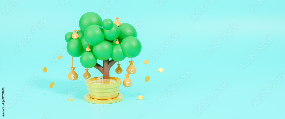 Stacking coins and golden money bag of tree with growing, money tree concept and copy space, saving money and loan for business investment concept, Investors strategy and fund, 3d render illustration - obrazy, fototapety, plakaty 