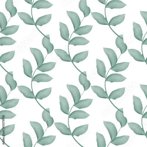 Foliage and greenery watercolor seamless pattern vector. Natural botanical background with leafy twigs. Vintage repeat print for textile, packaging, paper and wallpaper. Template rustic branches