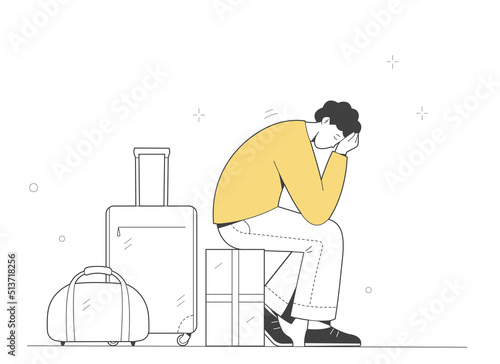Sad and tired man sits with suitcase. Sad young man is sitting on his luggage waiting for a train, plane or steamer. Outline illustration