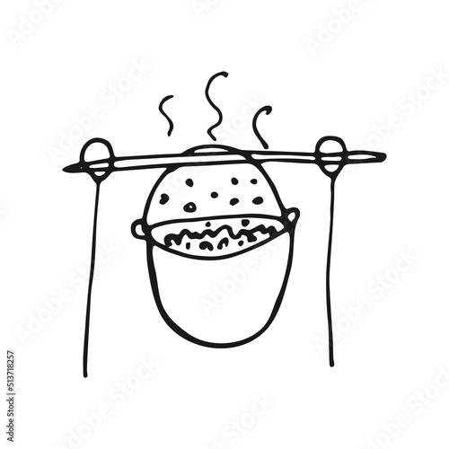 Pot for cooking tourist food in the style of doodle. Tourist cauldron for a hike. Hand drawn camping kitchen equipment. Vector black and white illustration.