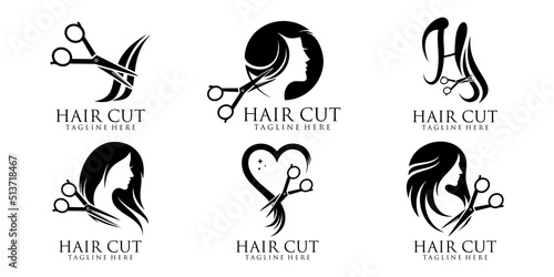 Set cut hair women's logo design Premium Vector