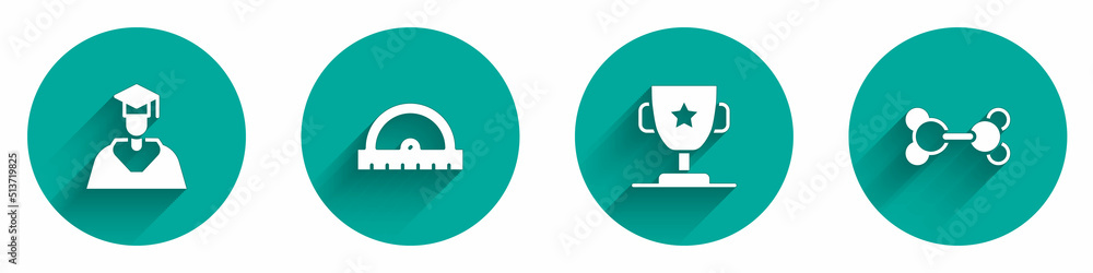 Set Graduate and graduation cap, Protractor grid, Award cup and Molecule icon with long shadow. Vector Set Graduate and graduation cap, Protractor grid, Award cup and Molecule icon with long shadow. Vector