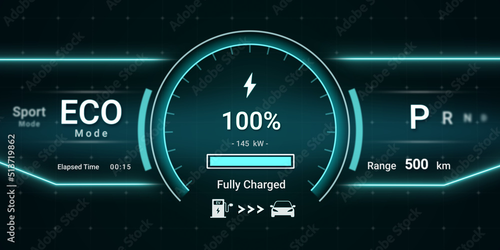 Battery charging status interface on electric vehicle using DC fast charger  from charging station, futuristic smart HUD power level indicator UI  display for EV industry technology 3d illustration Illustration Stock |  Adobe