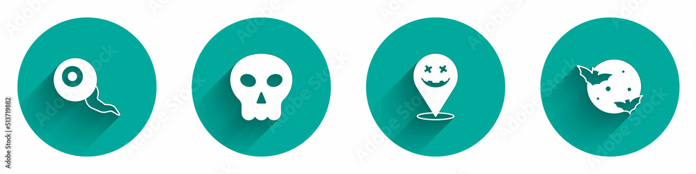 Set Eye, Skull, Happy Halloween holiday and Moon and stars icon with long shadow. Vector