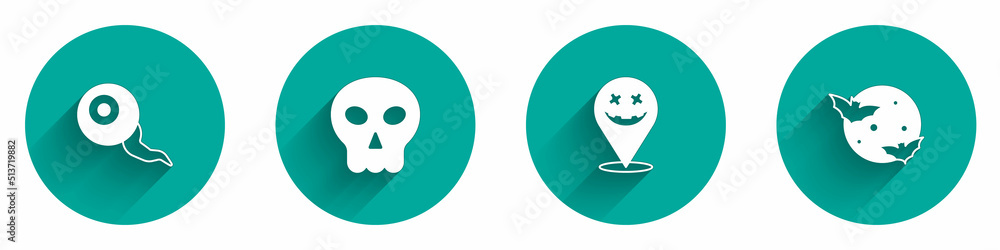 Set Eye, Skull, Happy Halloween holiday and Moon and stars icon with long shadow. Vector Set Eye, Skull, Happy Halloween holiday and Moon and stars icon with long shadow. Vector
