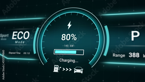 Battery charging status interface on electric vehicle using DC fast charger from charging station, futuristic smart HUD power level indicator UI display for EV industry technology 3d illustration photo