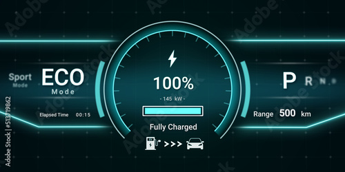 Battery charging status interface on electric vehicle using DC fast charger from charging station, futuristic smart HUD power level indicator UI display for EV industry technology 3d illustration photo