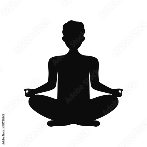 Black silhouette of a man in a pose for meditation. Meditation and yoga in the lotus position. Vector illustration isolated on white background