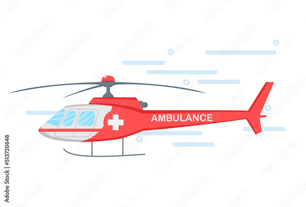 Ambulance helicopter. Medical evacuation helicopter. Urgent and emergency services. Vector illustration in flat style
