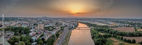 Drone panorama over Main river and Offenbach with Frankfurt skyline