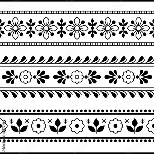 Scandinavian floral textile or fabric print vector seamless pattern with flowers, Nordic folk art retro style ornament in black and white 