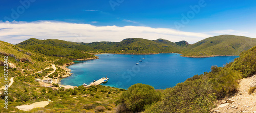 Panoramic view of the bay of the port of the island of Cabrera, a protected national park with sa Creuete, Cala es Forn, Cala s'Espalmador and Sa Platgeta. Balearic Islands, Spain