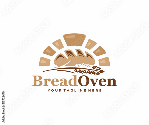Bread oven bakery logo design. Baked bun in brick oven vector design. Wheat ear plant with stone oven logotype