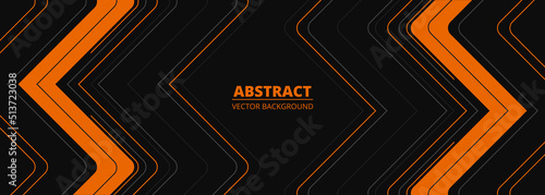 Black abstract wide horizontal banner with orange and gray lines, arrows and angles. Dark modern sporty bright futuristic horizontal abstract background. Wide vector illustration.