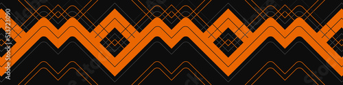 Abstract black horizontal wide background with wavy orange geometric lines, angles and arrows. Vector illustration