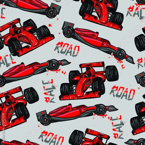 Abstract seamless pattern with sport cars .Bright background with grunge elements for textiles, children's clothes, prints. Pattern for boys