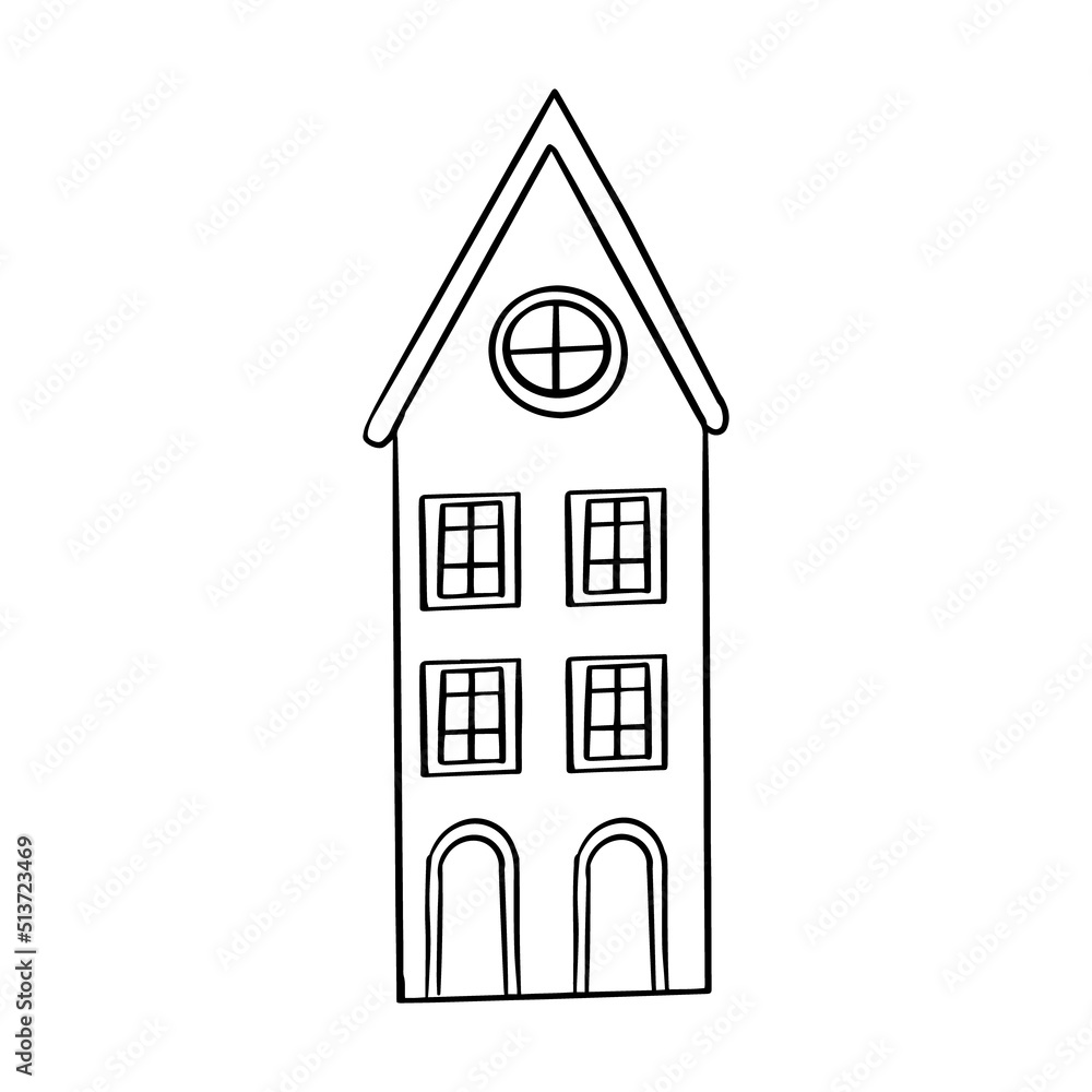 Black and white hand-drawn sketch of Amsterdam houses. Coloring page with architectural illustrations. For adult, children colouring page book, black and white invitations, monochrome relaxing