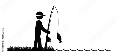 Cartoon drawing stickman, stick figure man with casting rod. fishing symbol. Fish line pattern. Fisherman with fishing rod. Hobby fisher man concept icon or pictogram. Float, fishing line and hook