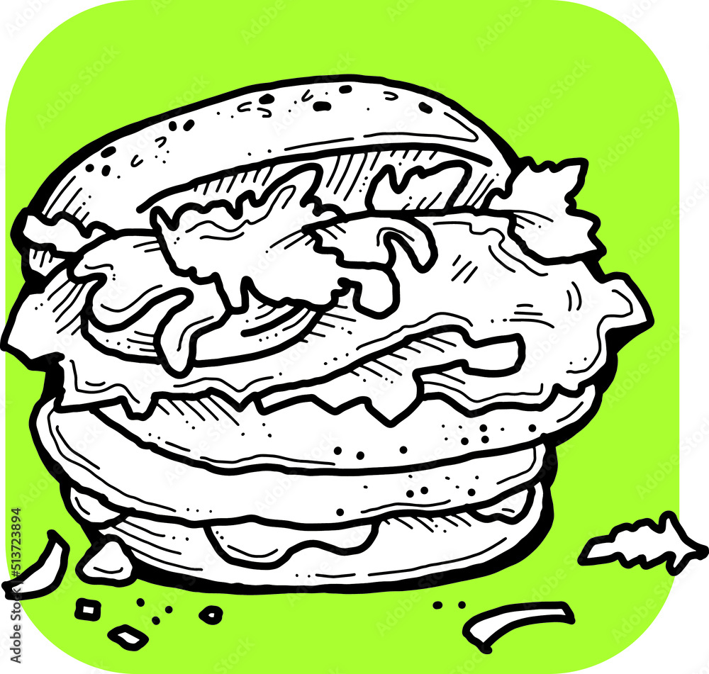 Tasty juicy hamburger for fast food lunch, outdoor picnic. Junk food sandwich with meat in cafe menu, restaurant kitchen. Hand drawn retro vintage vector illustration. Comics cartoon style drawing. Tasty juicy hamburger for fast food lunch, outdoor picnic. Junk food sandwich with meat in cafe menu, restaurant kitchen. Hand drawn retro vintage vector illustration. Comics cartoon style drawing.