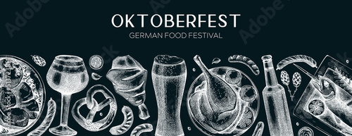  Oktoberfest background. German food on chalkboard. Vector menu design. German cuisine banner in vintage style. Traditional Food festival illustration. Beer hand drawing