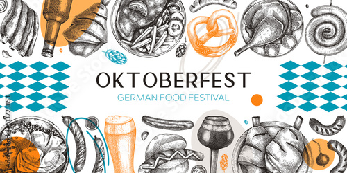  Oktoberfest background in collage style. German food sketches. Vector menu design. German cuisine banner in vintage style. Traditional Food festival illustration. Beer hand drawing