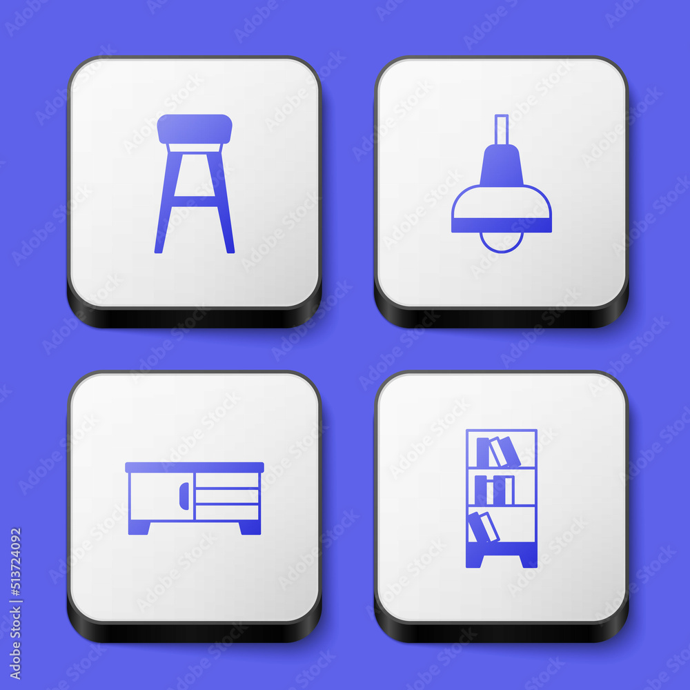 Set Chair, Lamp hanging, TV table stand and Library bookshelf icon. White square button. Vector Set Chair, Lamp hanging, TV table stand and Library bookshelf icon. White square button. Vector