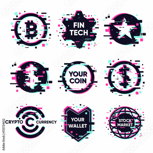 Digital coin icons set. Crypto currency symbols set. Glitch style vector illustration for virtual wallet. Blockchain money technology.