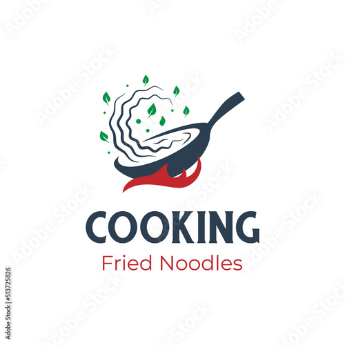 cooking food logo with pan chef vector element, cook fried noodles logo icon design elements