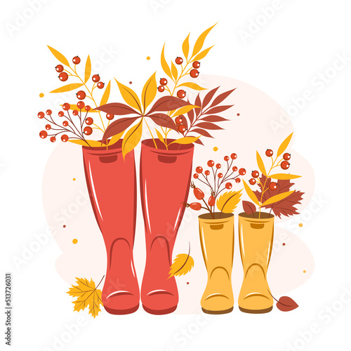 Hello Autumn. Card with Cute wellies boots and autumn leaves. Vector illustration.