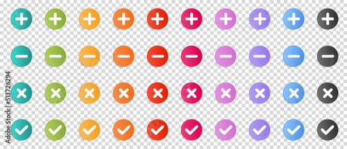 Plus, Minus, Decline And Accepted Button Set - Colorful Vector Illustrations Isolated On Transparent Background photo