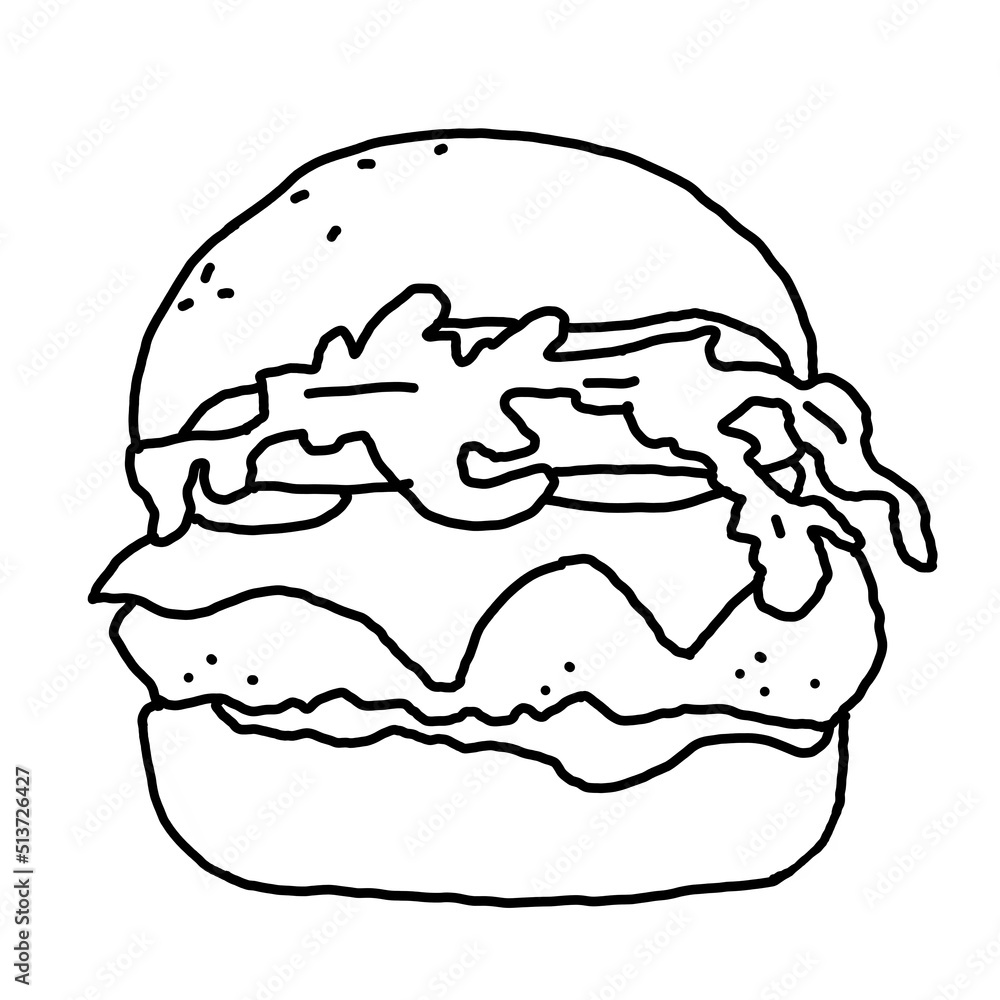 Tasty juicy hamburger for fast food lunch or outdoor picnic. Junk food sandwich with meat in cafe menu, restaurant kitchen. Hand drawn black and white illustration. Comics cartoon style line drawing. Tasty juicy hamburger for fast food lunch or outdoor picnic. Junk food sandwich with meat in cafe menu, restaurant kitchen. Hand drawn black and white illustration. Comics cartoon style line drawing.