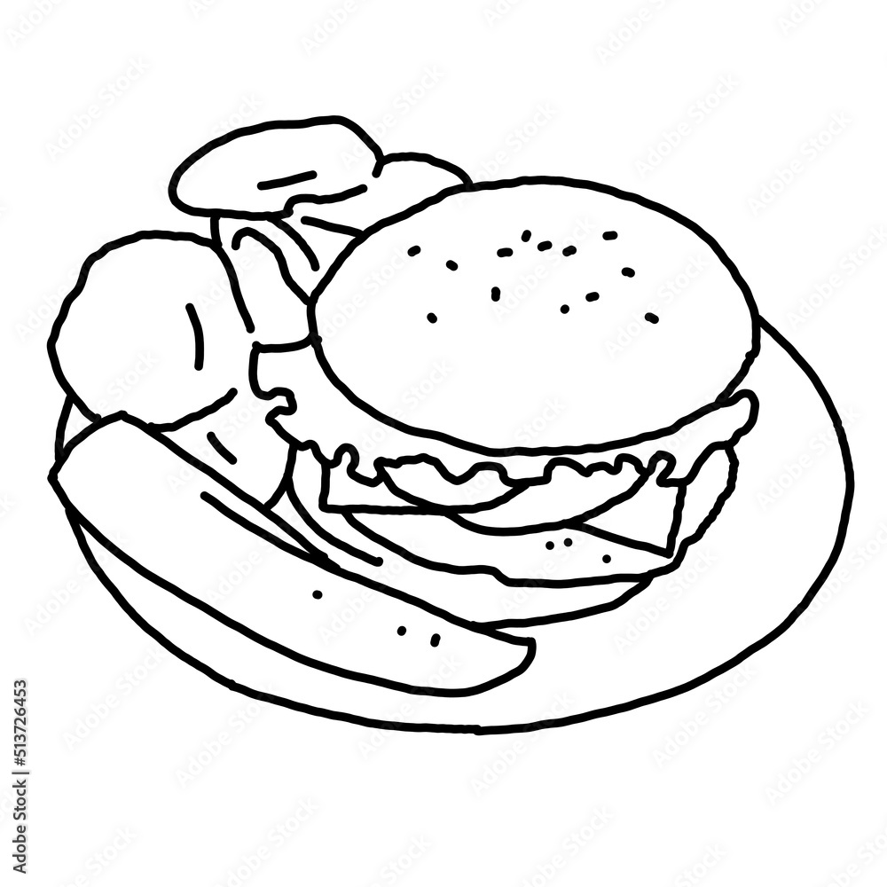 Tasty juicy hamburger for fast food lunch or outdoor picnic. Junk food sandwich with meat in cafe menu, restaurant kitchen. Hand drawn black and white illustration. Comics cartoon style line drawing. Tasty juicy hamburger for fast food lunch or outdoor picnic. Junk food sandwich with meat in cafe menu, restaurant kitchen. Hand drawn black and white illustration. Comics cartoon style line drawing.