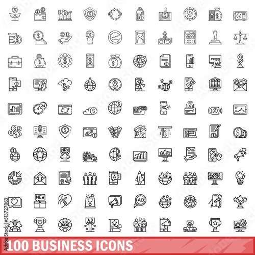 100 business icons set. Outline illustration of 100 business icons vector set isolated on white background