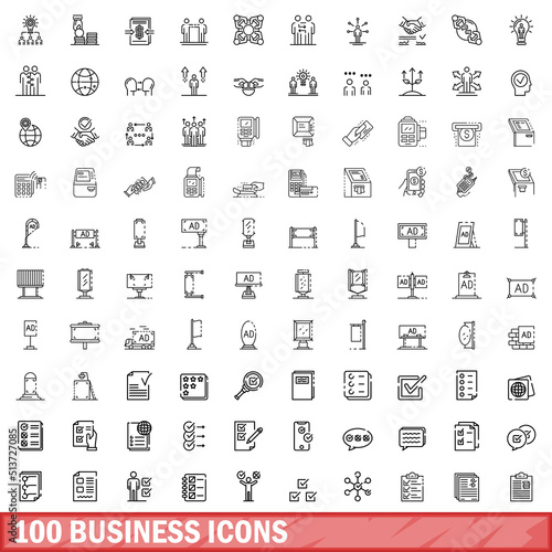 100 business icons set. Outline illustration of 100 business icons vector set isolated on white background