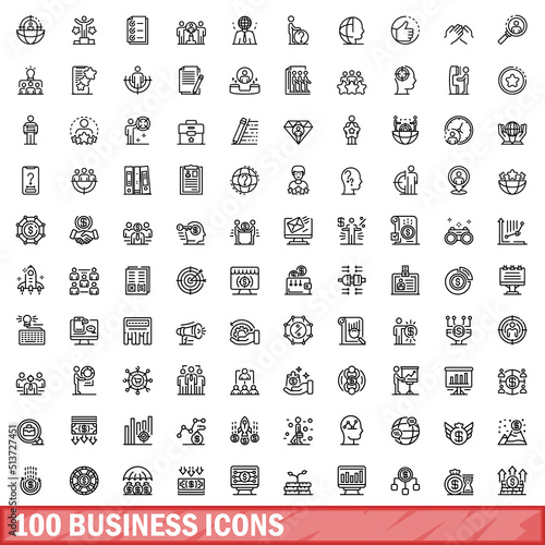 100 business icons set. Outline illustration of 100 business icons vector set isolated on white background