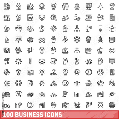 100 business icons set. Outline illustration of 100 business icons vector set isolated on white background