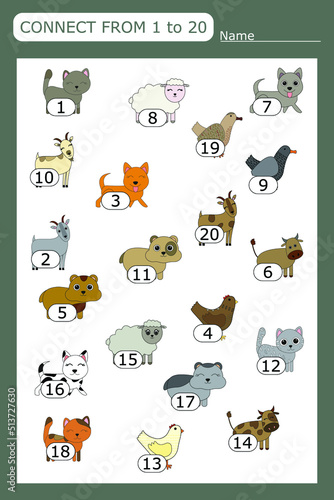 Fototapeta Naklejka Na Ścianę i Meble -  The task is to go through a maze of numbers from 1 to 20 with pets .  Educational exercises for preschool children
